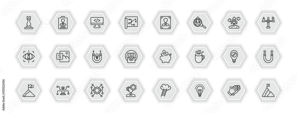 Poster outline icons set - startup stategy and concept. vector icons included rook, web development, humanp