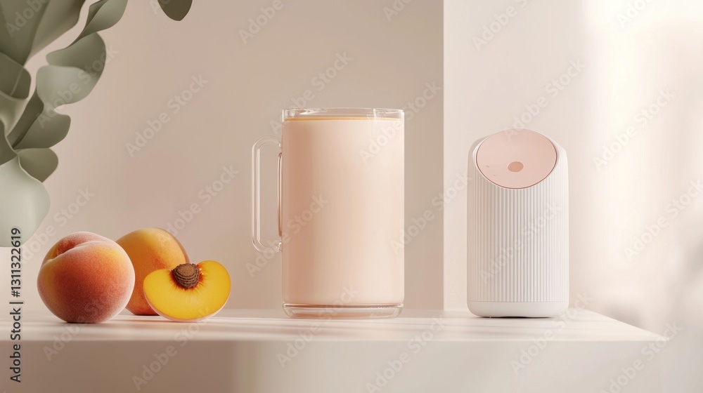 Poster peach smoothie in glass mug with diffuser.