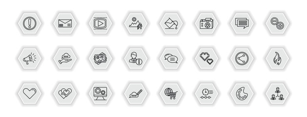 outline icons set - social media marketing concept. vector icons included importance, video player, fill, advise and more.
