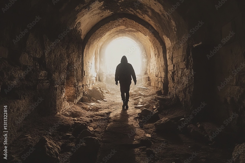 Poster mysterious figure walking through a dimly lit ancient tunnel
