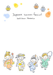 日本の夏祭りを楽しむこども達　手描き風のかわいい線画イラスト