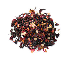 Pile of dried tea leaves isolated on white, top view