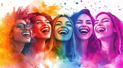A vibrant scene of women from various cultural backgrounds, all smiling brightly