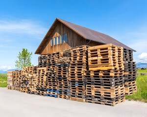 Stacked wood pallets against barn in field under blue sky on sunny day