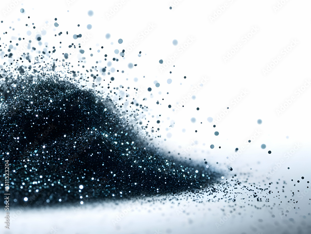 Poster a close-up shot capturing the intricate details of black particles scattering against a white backgr