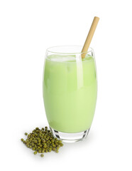 Fresh mung bean juice in glass and seeds isolated on white
