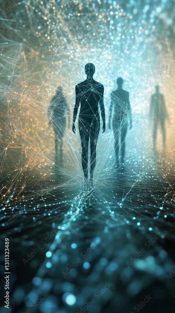 Poster ethereal figures emerge in abstract digital universe environment