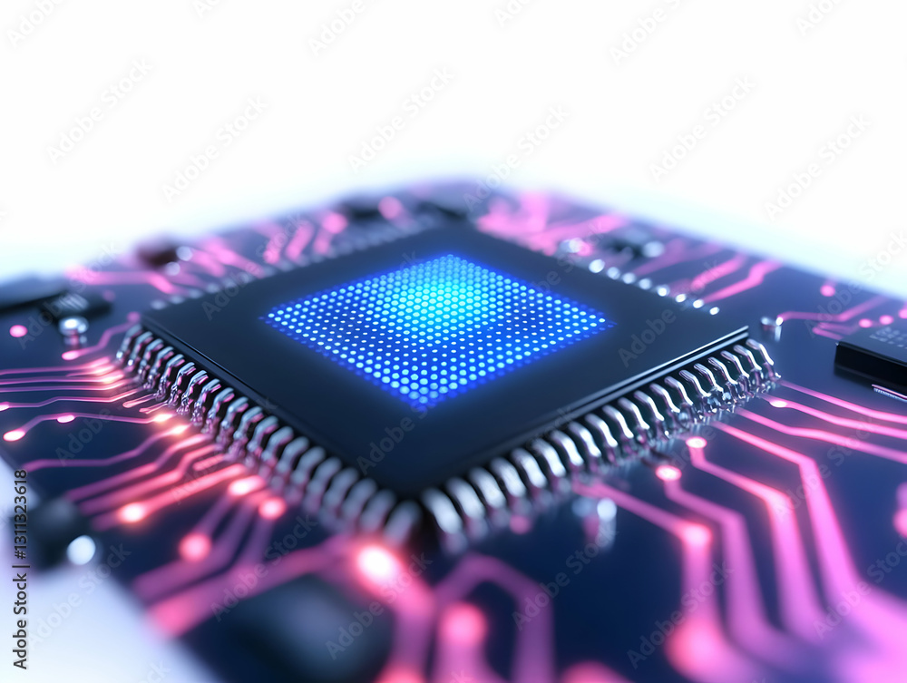 Poster a close-up view of a microprocessor on a circuit board, showcasing intricate details and vibrant col
