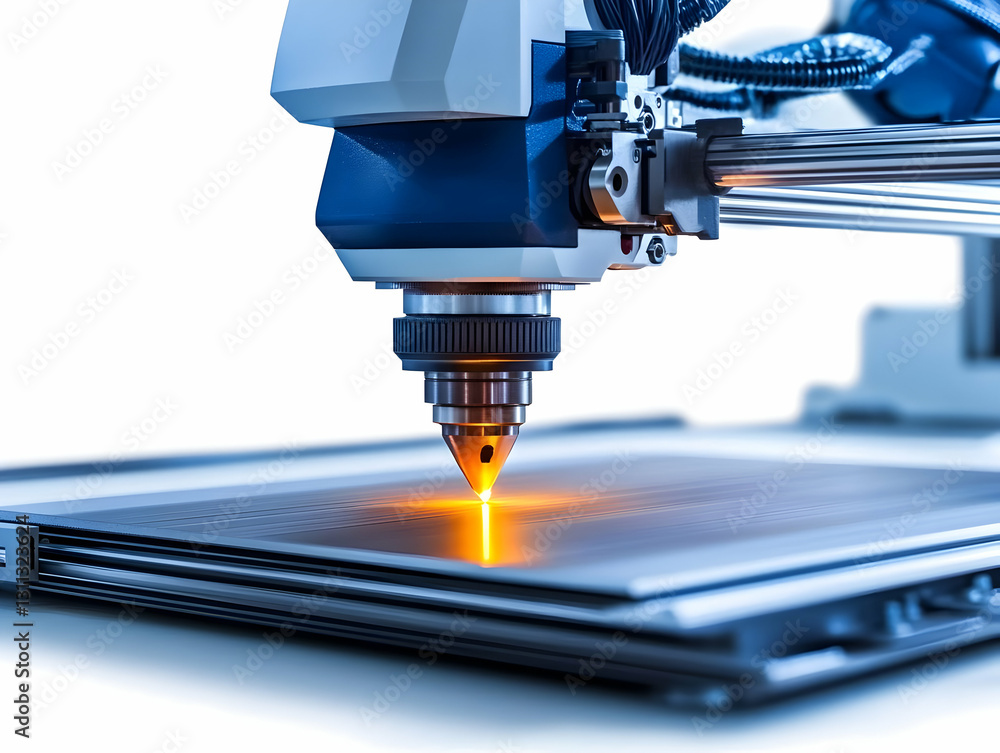 Poster a close-up view of a modern laser cutting machine in action, showcasing precision technology and ind