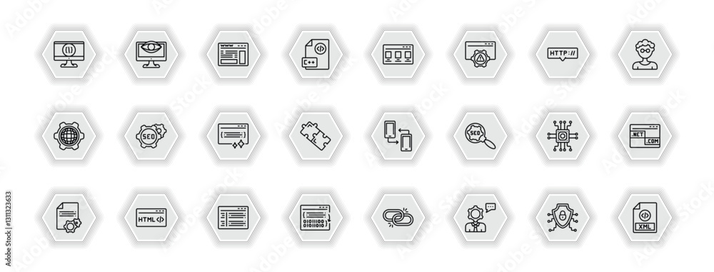 Poster outline icons set - programming concept. vector icons included computing, web page, theme, image seo