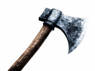 A close-up view of a vintage axe with a wooden handle and a sharp steel blade, perfect for illustrating craftsmanship and outdoor adventure.