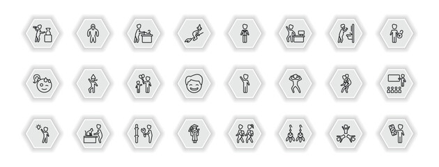 outline icons set - people concept. vector icons included sculptor working, carpenter working, ceo man, man partying and more.