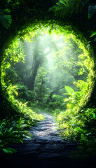 Fototapeta premium Stone pathway leading through green jungle portal towards bright light in forest