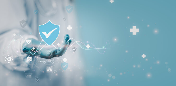 Health Insurance Concept Doctor Using Digital Healthcare AI App, Advanced Healthcare Analytics, Software, and Lab Solutions for Medical Professionals in High Tech Hospitals