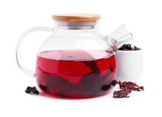 Delicious hibiscus tea in glass teapot and dry roselle sepals isolated on white