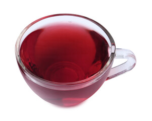 Delicious hibiscus tea in glass cup isolated on white