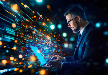 A focused professional engages with his laptop amidst a backdrop of vibrant digital elements, symbolizing the fast-paced evolution of technology and innovation in today's world.
