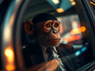 monkey in a taxi, looking out at the vibrant city lights