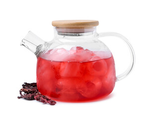 Delicious hibiscus tea with ice in teapot and dry roselle sepals isolated on white