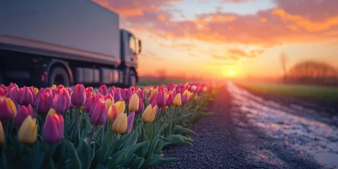 Fotobehang Colorful tulips bloom beside a truck at sunset near a field © Khmel
