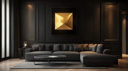 Dark Living Room with Gold Art, Interior Design, Luxury, Modern