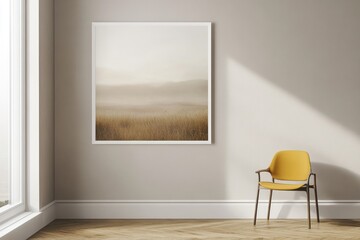 Interior display of a landscape print, fog, golden hour, beige room