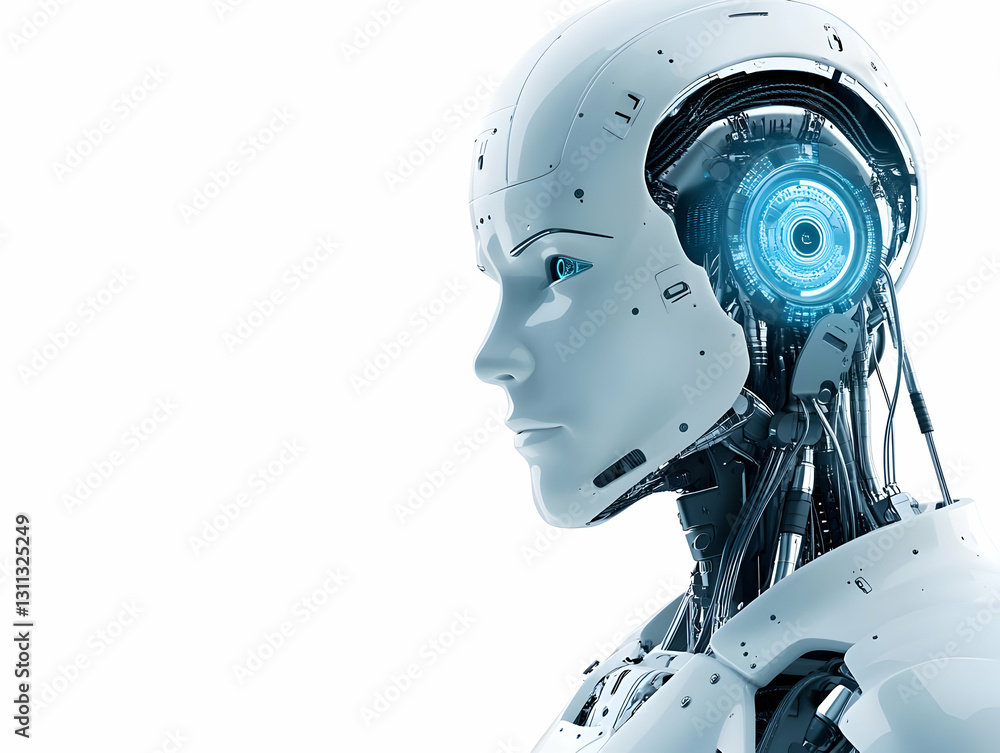 Poster a futuristic humanoid robot with a sleek design, showcasing advanced technology and artificial intel