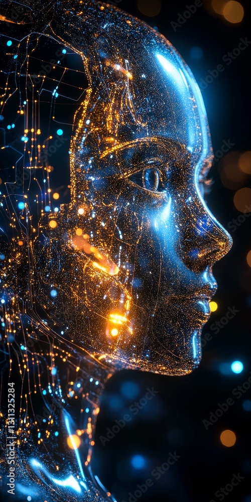 Poster futuristic digital human face with glowing circuit patterns