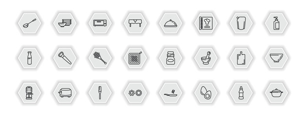 outline icons set - kitchen concept. vector icons included ladle, bun warmer, platter, bottle opener and more.