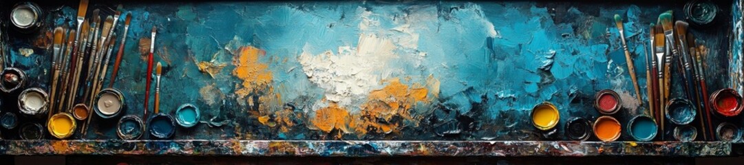 Naklejka premium Artist's Workspace with a Large Abstract Painting in Progress. Generative AI