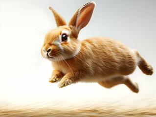 Fototapeta premium A playful rabbit leaps through the air, showcasing its agility and vibrant fur in a warm, soft light. Perfect for capturing joy in nature.