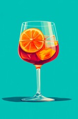 Retro poster of glass of Aperol Spritz cocktail on blue background.
