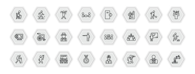 outline icons set - humans concept. vector icons included sitting down, happy man, out, wheel chair and more.