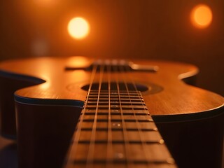 Fototapeta premium Close-Up of an Acoustic Guitar with Sunset Orange Stage Lights: A cozy close-up of an acoustic guitar’s wooden body and steel strings, bathed in soft sunset orange stage lights.