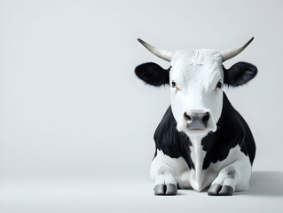 A serene black and white cow sits calmly against a simple background, conveying peace and tranquility. Ideal for agriculture and nature themes.