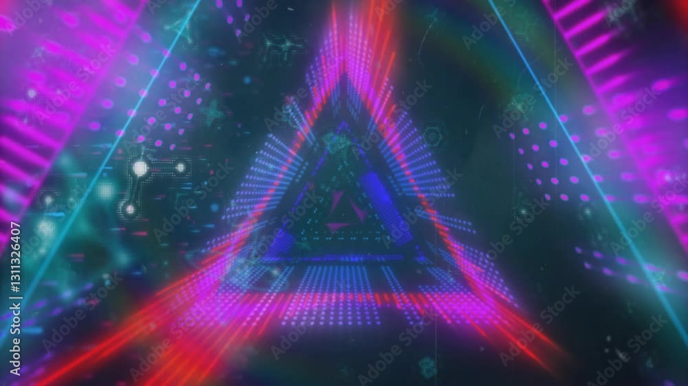 Poster creating futuristic effect, neon triangle with vibrant lights and digital patterns