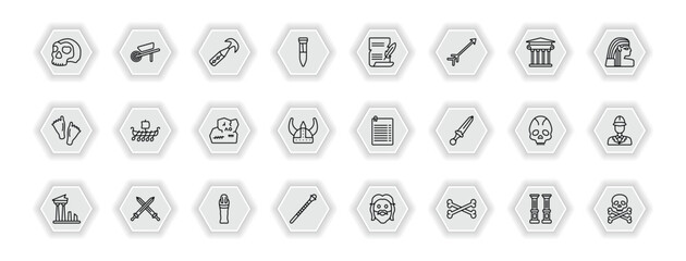 outline icons set - history concept. vector icons included skull, ancient weapon, poster, viking ship and more.