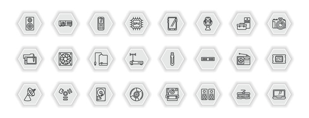 outline icons set - hardware concept. vector icons included loudspeakers, keypad phone, big tablet, computer fan and more.