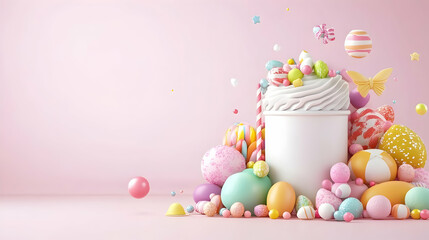 Sweets overflow cup on pink backdrop. Candy, eggs, & treats abound. Celebrate!