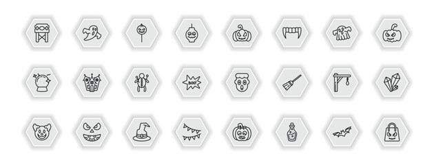 outline icons set - halloween concept. vector icons included pillory, halloween candy, pumpkin lantern, haunted house and more.