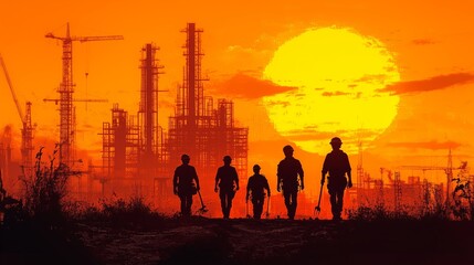 Fototapeta premium Workers at Sunset Amidst Rising Infrastructure