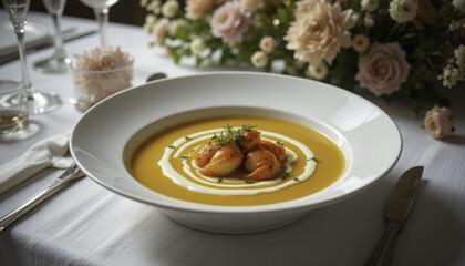beautifully plated dish of seared scallops rests on bed of creamy pumpkin soup, garnished with herbs, set on elegant table with floral decorations