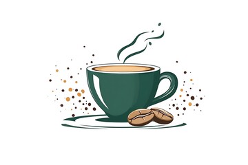 Obraz premium Aromatic Coffee Cup Illustration Steaming Mug with Beans on Saucer