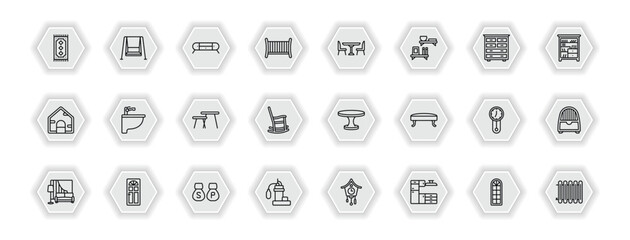 outline icons set - furniture & household concept. vector icons included rug, furniture, dinner table, bidet and more.