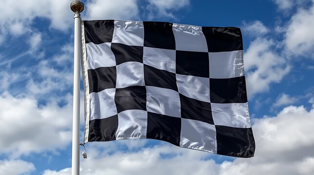 Checkered flag waving, outdoor, blue sky - Powered by Adobe