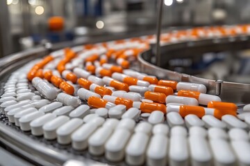 Fototapeta premium Capsules and tablets on conveyor belt. Image depicts pharmaceutical manufacturing.