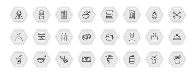 outline icons set - fast food concept. vector icons included operator, burrito, snack, peanut butter and more.