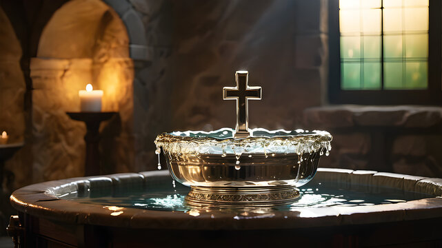 Priest pours holy water. Silver shell, baptismal font. Dawn light, water droplets. Symbol of renewal, grace & purity. Reverent.