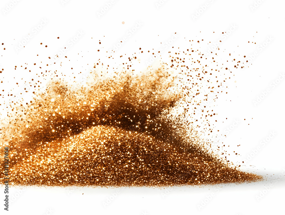 Poster a stunning mound of shimmering golden glitter, creating a dynamic splash effect against a clean whit