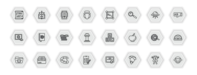 outline icons set - education concept. vector icons included papyrus, ebook, periodic table, physics and more.
